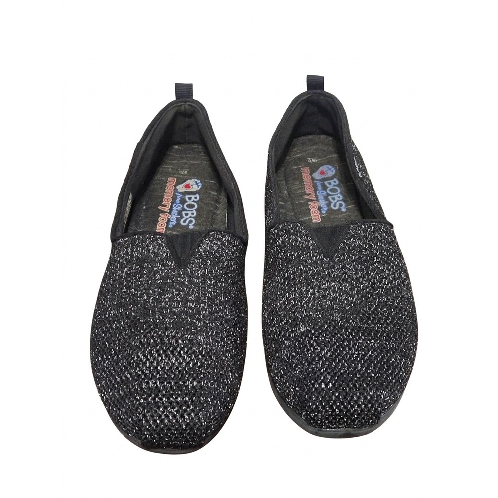 Skechers BOBS Plush Peace and Love Black Silver Sparkle Slip On Shoes 8